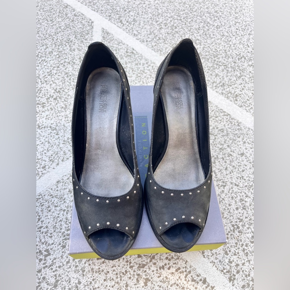 Black Peep-Toe Heels with Studded Detail- leather Kenneth Cole